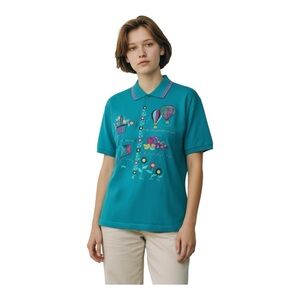 Vintage 80’s Embroidered Hot Air Balloon Kite Novelty Print Collared Top